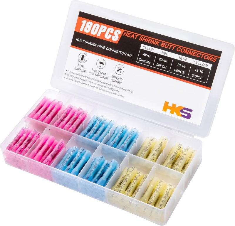 HK-S 180 PCS Heat Shrink Butt Connector - Electrical Wire Connectors 22-10 AWG Kit - Tinned Red Copper- Automotive Marine Stereo Boat Crimp - Waterproof and Insulated - Image 1